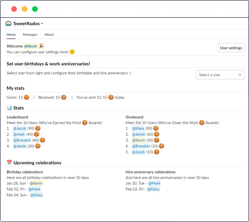 Asante Bot leaderboards inside the Slack tab