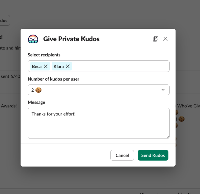 Give Private Kudos modal in Slack — select recipients, set kudos per user, write a message, and send