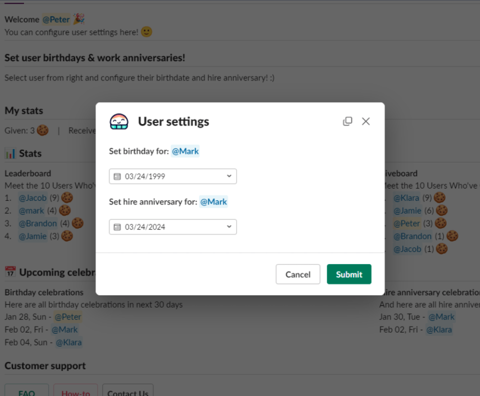 Asante Bot user settings modal in Slack — set birthday and hire anniversary date for a teammate