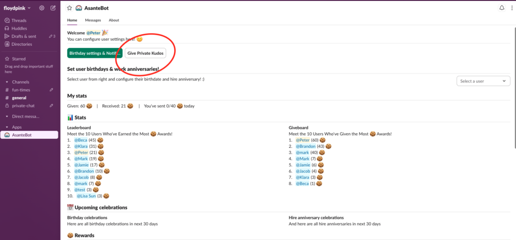 send private kudos points in slack